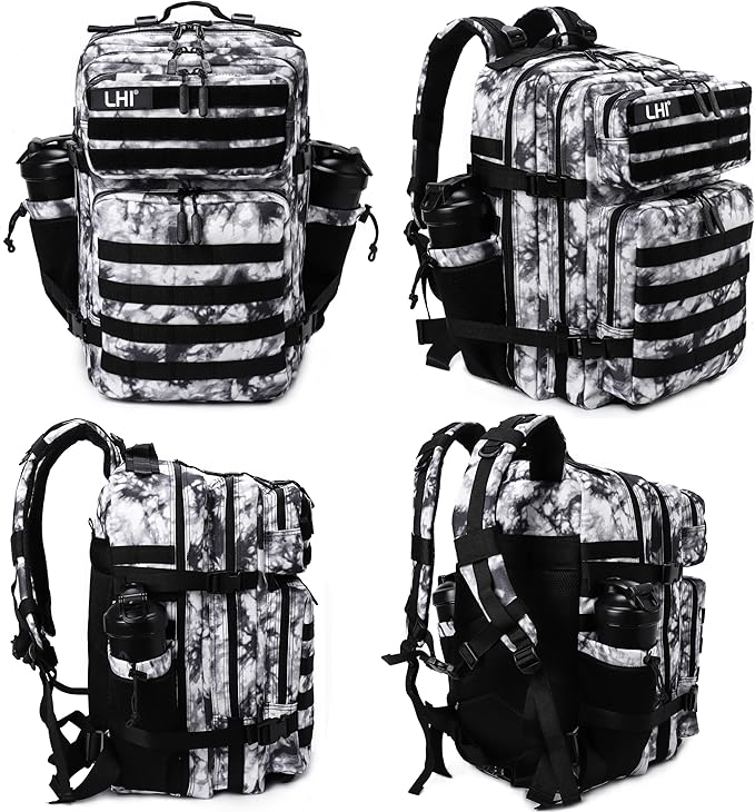 LHI Military Tactical Backpack for Men Molle Daypack 45L Army 3 Days Assault Pack Bag Large Rucksack With Bottle Holder Black and White(12*20*12)