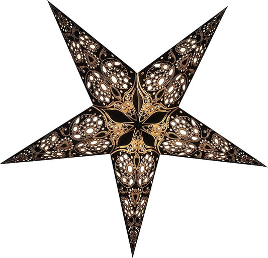 GalaxyArts Paper Star Lantern, 24 Inch Maharani Black 3D Light-Up 5-Point Hanging Lamp, Handcrafted Hollow Out Decoration for Christmas, Weddings, Birthday, Parties, Indoor Outdoor Holiday Home Décor