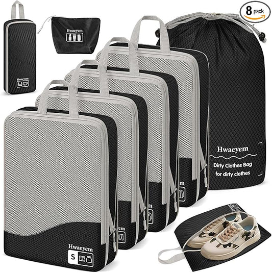 Compression Packing Cubes 8 Set, Dual Zipper Compression Packing Cubes for Travel, See-Through Mesh Packing Bags for Suitcases, Packing Cube with Shoe Bag (Black)