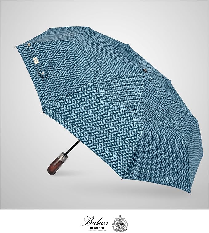 Balios Travel Folding Umbrella with Real Wood Handle Auto Open Close Vented Windproof Canopy - Designed in UK
