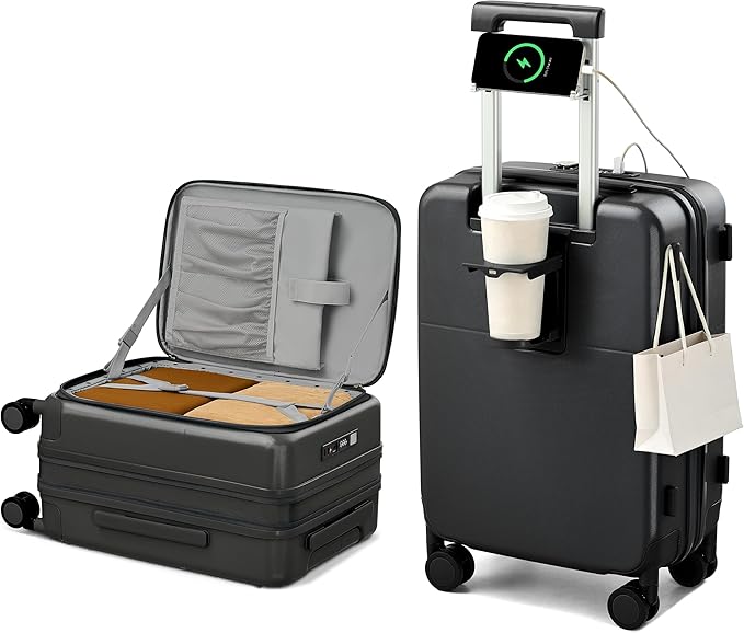 Hanke 20 Inch Expandable Carry On Luggage with Cup Holder 22x14x9 Airline Approved, Top Opening Hard Shell Suitcases with Wheels, Carry-On Travel Suitcase Trunk Luggage with Lock, Jet Black