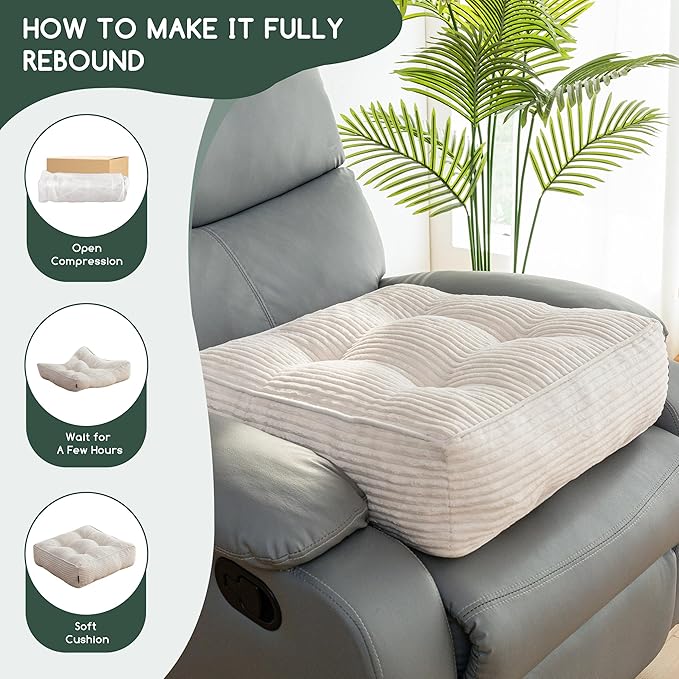 HIGOGOGO Tufted Corduroy Recliner Seat Cushion for Elderly, 20x20x6 Inch Extra Large Square Seat Cushion for Recliner Chair, Floor Pillow, Office Chair, Car, No Pressure on Thighs, Beige
