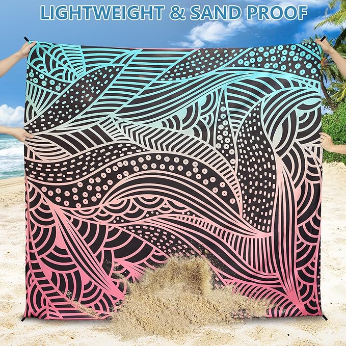 HIHOHO Beach Blanket Waterproof Sandproof Beach Mat for 1-8 Adults Quick Drying Durable Outdoor Picnic Mat for Beach Festival Travel Camping Hiking (Gradiant BK-Ripple, 79"×83"(4 Person))