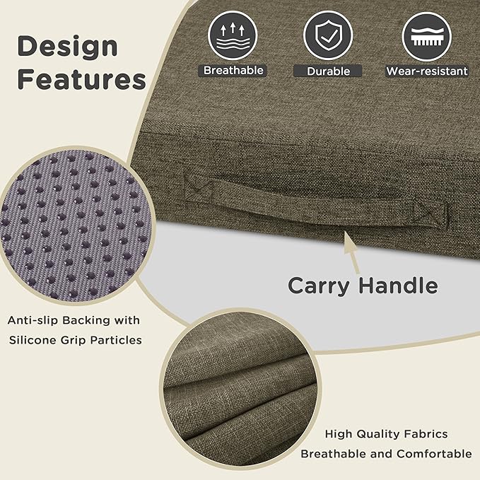 AddGrace Recliner Cushions for Elderly Thick Seat Cushion 20"x20"x4" Chair Pads with Non Slip Backing and Washable Cover for Couch Armchair Chairs Khaki