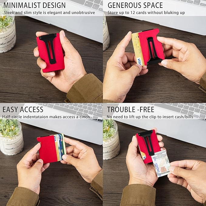 Minimalist Carbon Fiber Wallet for Men, Money Clip Cash Strap Wallet, RFID Blocking Metal Wallet Aluminum Card Holder,Front Pocket Wallet(Matte Red)