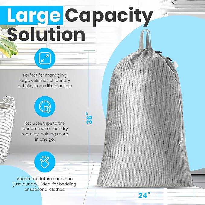 Large Mesh Laundry Bags - Heavy Duty with Handles & Drawstring - Machine Washable Net Laundry Sacks for College Dorm, Camp, Travel, Bedding & Clothes Storage (Grey)