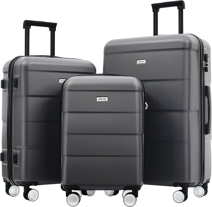 Merax Luggage Set, 3 Piece Hardcase Luggage with Double Spinner Wheels, Carry on Suitcase Airline Approved,20+24+28 inch,Charcoal