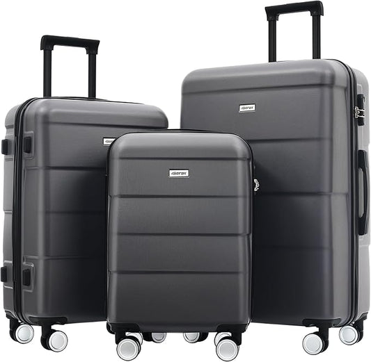 Merax Luggage Set, 3 Piece Hardcase Luggage with Double Spinner Wheels, Carry on Suitcase Airline Approved,20+24+28 inch,Charcoal