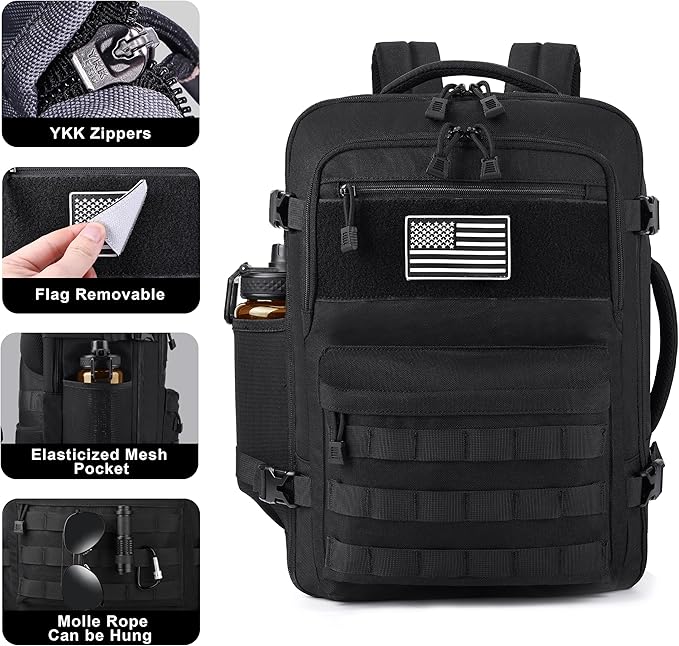 MOZETO TSA Approved Carry On Backpack, Extra Large Tactical Travel Backpack for Men, Airplane Approved Weekender Bag, Water Resistant Lightweight Laptop Daypack for Flight, Black