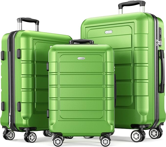 SHOWKOO Luggage Sets Expandable 100% PC Durable Suitcase Sets Double Wheels TSA Lock Green 3pcs