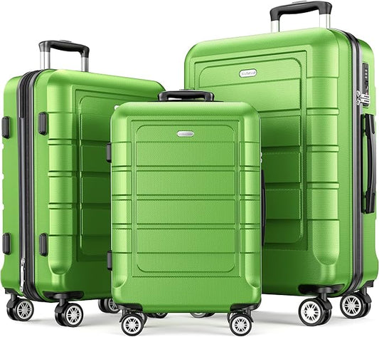 SHOWKOO Luggage Sets Expandable 100% PC Durable Suitcase Sets Double Wheels TSA Lock Green 3pcs
