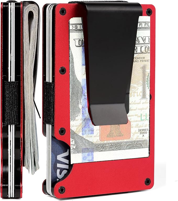 Minimalist Carbon Fiber Wallet for Men, Money Clip Cash Strap Wallet, RFID Blocking Metal Wallet Aluminum Card Holder,Front Pocket Wallet(Matte Red)