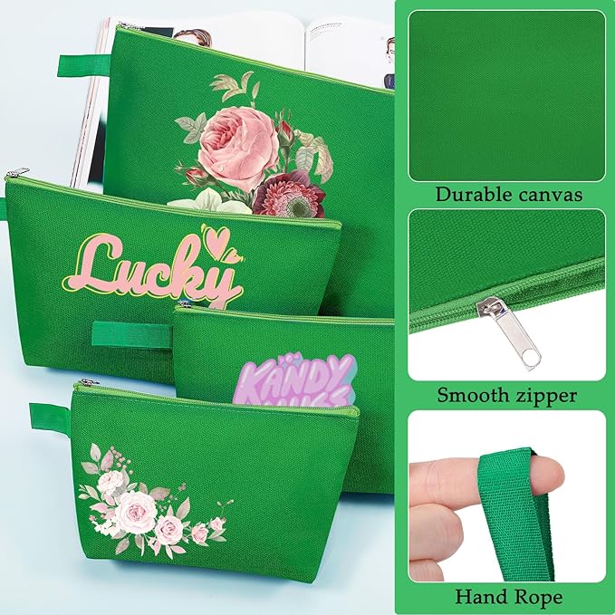 10 Pieces Cotton Canvas Makeup Bag with Bottom and Strap, Multi-Purpose Cosmetic Bag with Zipper Travel Toiletry Pouch, Blank DIY Craft Bag (Green, S)