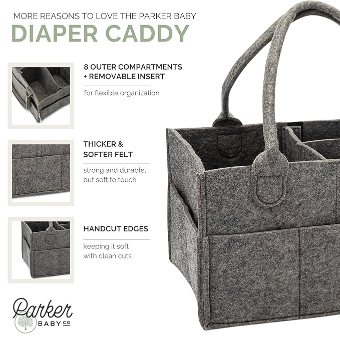 Parker Baby Co. Diaper Caddy - Nursery Storage Bin and Car Organizer for Diapers and Baby Wipes - Charcoal, Large