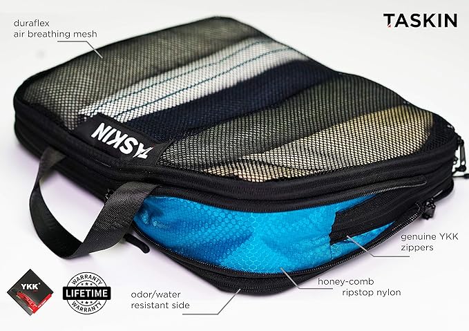 Taskin Compression Packing Cubes | Separate Clean & Dirty Compartments w/Flexible Separator | YKK Zippers | Set of 4 (2L + 2M)