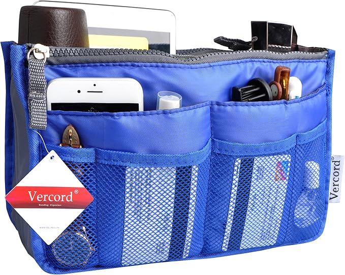 Vercord Purse Organizer Insert for Handbags Bag Organizers Inside Tote Pocketbook Women Nurse Nylon 13 Pockets Sapphire Blue Small