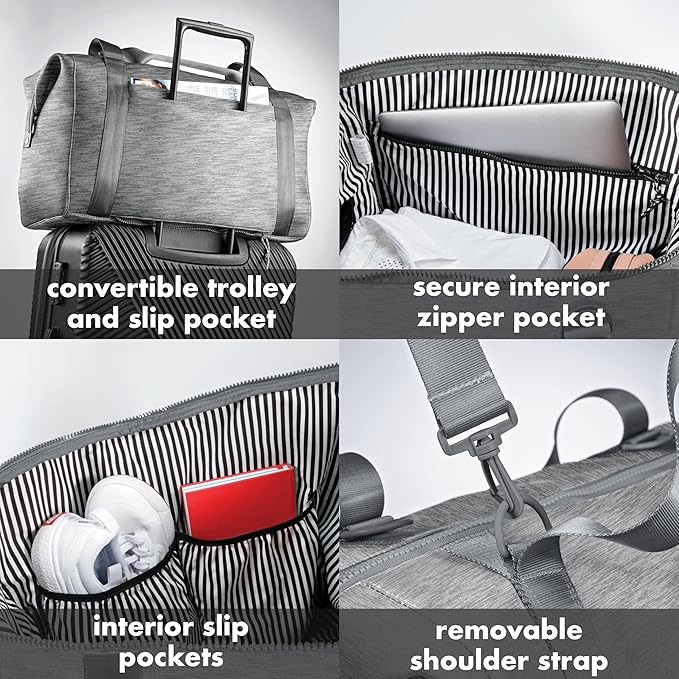 Fit & Fresh Neoprene Weekender Bag for Women – Carry-On Friendly Travel Duffel with Expandable Sides, Trolley Sleeve & Pockets – Lightweight, Water-Resistant Overnight Bag for Weekend Trips + Gym