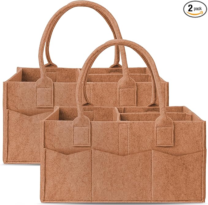 Cute Castle 2 Pack Diaper Caddy Organizer - Portable Baby Caddy Organizer with Handle, Nursery Storage Bin and Car Organizer for Girls, Boys - Baby Gift Basket - Caramel, Large