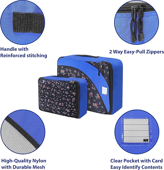 Simple Houseware 8-Set Packing Cubes for Travel, Luggage Organizer with Laundry Bag, Shoe Bag & Clear Pocket Label, Blue