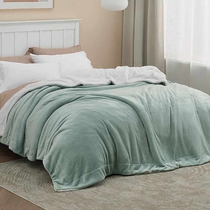 Bedsure GentleSoft Sherpa Fleece Blanket Queen Size for Bed, Non-Heated, Thick and Warm Throw for Women and Men, Soft Fuzzy Plush Queen Blanket for Spring, Sage Green, 90x90 Inches