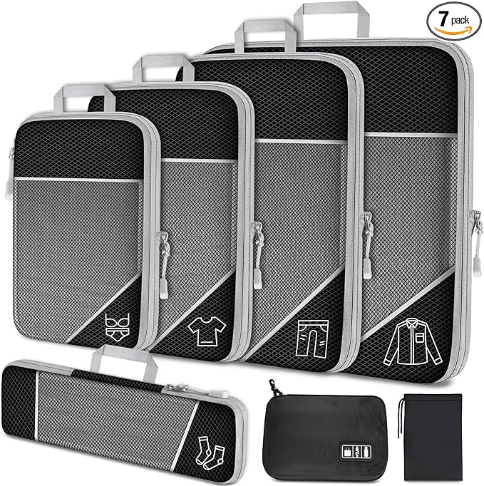 NiHome 7PCS Compression Packing Cube Set Expandable Mesh Travel Bag Luggage Organizers with Electronic Cable Cord Charger Organizer Drawstring Bag for Trip Home Storage Travel Gear Accessories (Black)