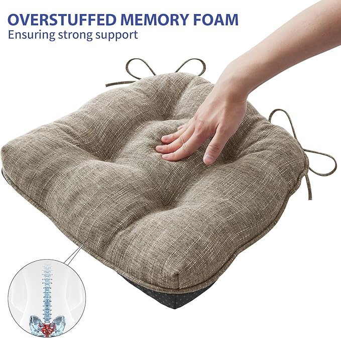 Chair Cushions for Dining Chairs Set of 4, Kitchen Chair Cushions, Chair Pads with Ties and Non Slip Backing, Tufted Memory Foam Seat Cushion 4 Pack, 15.5" x 15.5" x 4", Khaki