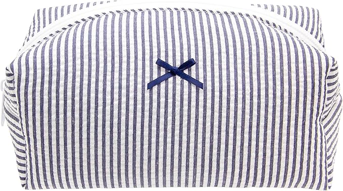 PAZIMIIK Cozy Makeup Bag Small Aesthetic Travel Zipper Cosmetic Pouch for Women Make Up Beauty Accessories Brushes, Stripe Navy Blue