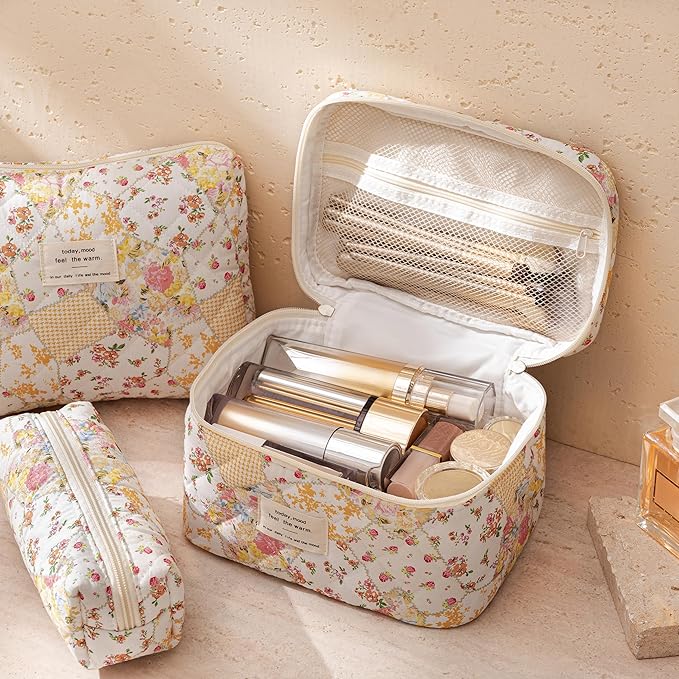 HBselect Quilted Makeup Bag, 3PCS Cotton Large Travel Makeup Bag, Cute Floral Coquette Make up Bag Cosmetic Bag Toiletry Bag for Women Girls