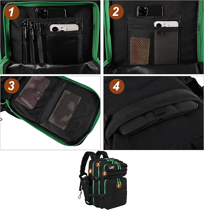 LHI Military Tactical Backpack for Men and Women 45L Army 3 Days Assault Pack Bag Large Rucksack with Molle System - Black with green zipper
