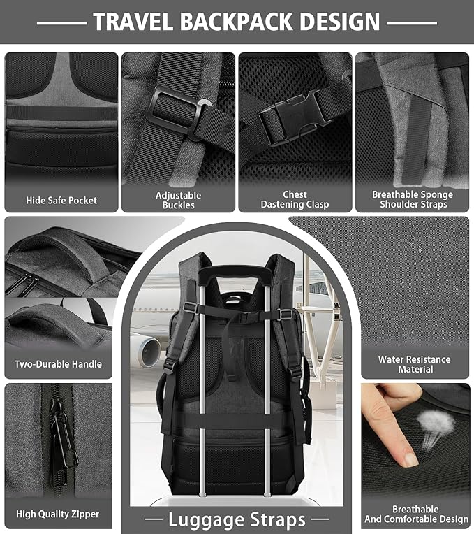 Comfort Travel Backpack with LifetimeWarranty,Expandable Carry on Backpack 1-5 Days with USB Cable Port,Fits 17.3" Laptop Notebook,Water Resistant Backpack Flight Approved Hiking,College Travel,Grey