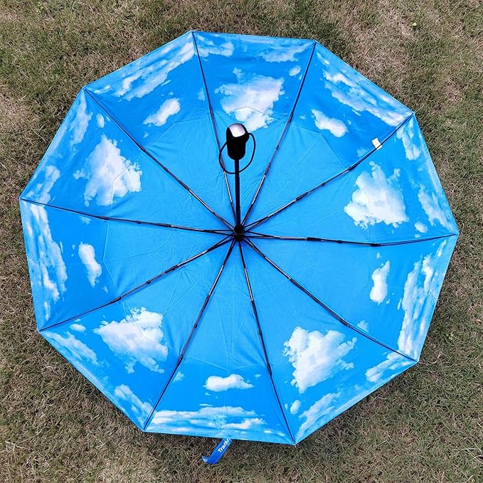 TradMall Travel Umbrella Windproof with 46 Inches Large Canopy 10 Reinforced Fiberglass Ribs Ergonomic Handle Auto Open & Close, Sky Clouds
