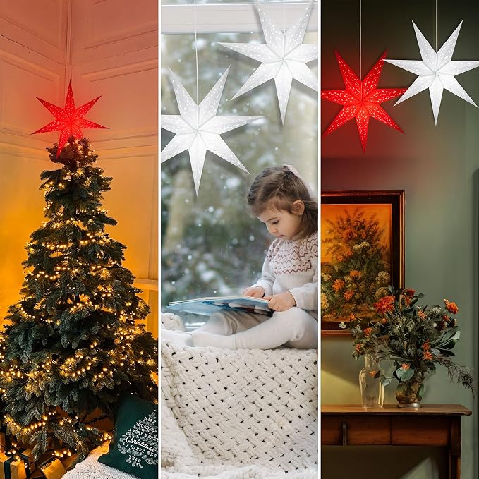 GalaxyArts Paper Star Lanterns, 24 Inch Naxatra (White Medium) Light Up Hollow Out 7 Pointed Star Hanging Lamp Decoration for Wedding Holiday Birthday Party Christmas Celebration Indoor Outdoor Décor