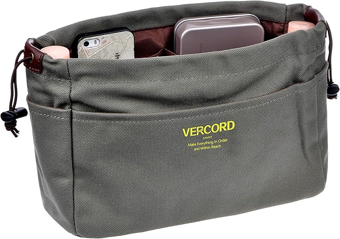 Vercord Canvas Handbag Organizers, Sturdy Purse Insert Organizer Bag in Bag, 10 Pockets Color Army Green Large
