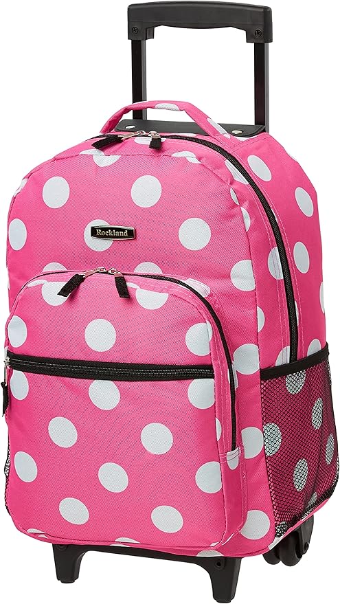 Rockland Double Handle Rolling Backpack, Pink Dots, 17"