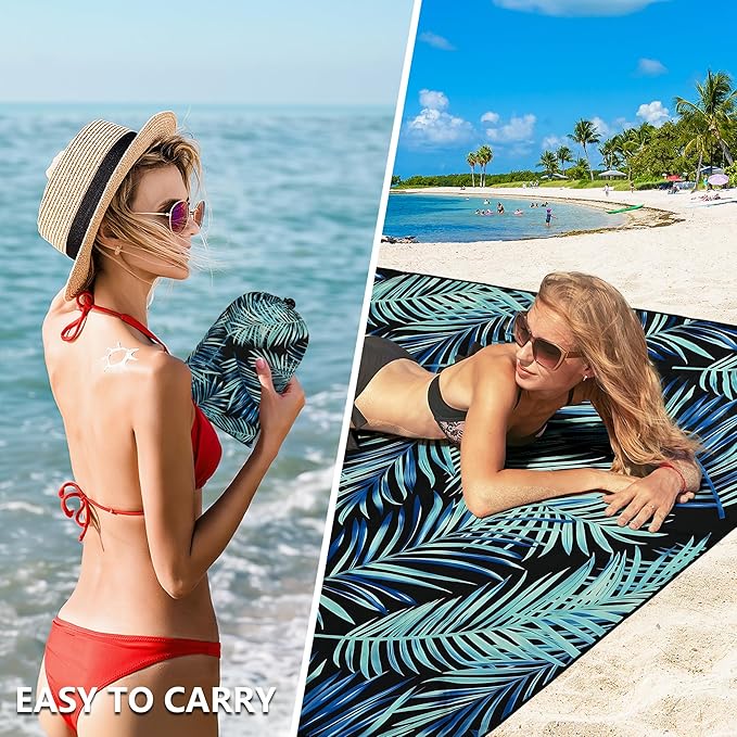 HIHOHO Beach Blanket Waterproof Sandproof Beach Mat 79”x 83” for 1-8 Adults Quick Drying Durable Outdoor Picnic Mat for Beach Festival Travel Camping Hiking (BK&GN-Palm, 79"×83"(4 Person))