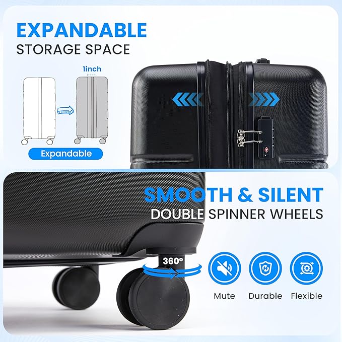 Simple Deluxe 3-Piece Luggage Sets, Suitcase with Double Spinner Wheels & TSA Lock, Hard Shell Suitcase, Expandable Rolling Lightweight Luggage, Black
