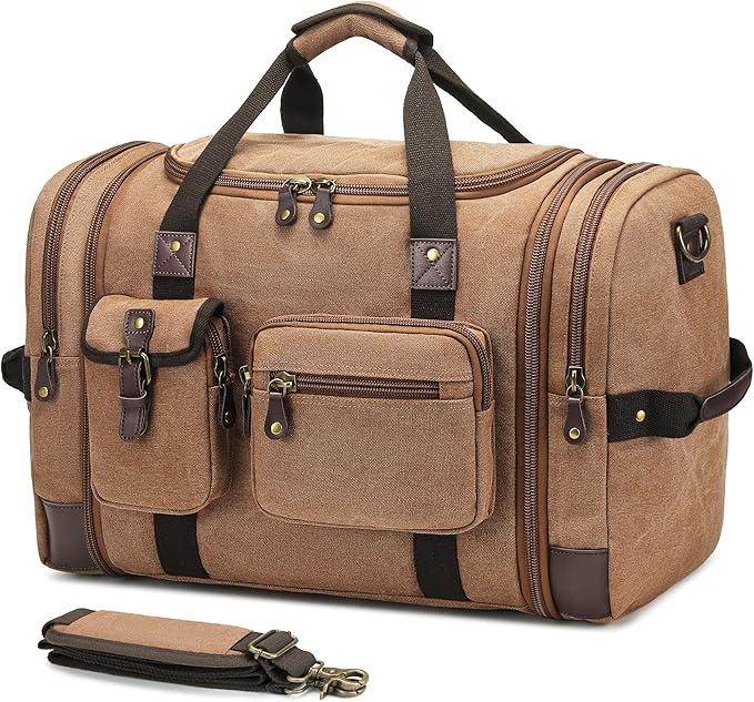 Canvas Duffle Bag for Travel, 55L Weekender Overnight Bag for Men & Women, Vintage Carry on Bags for Airplanes