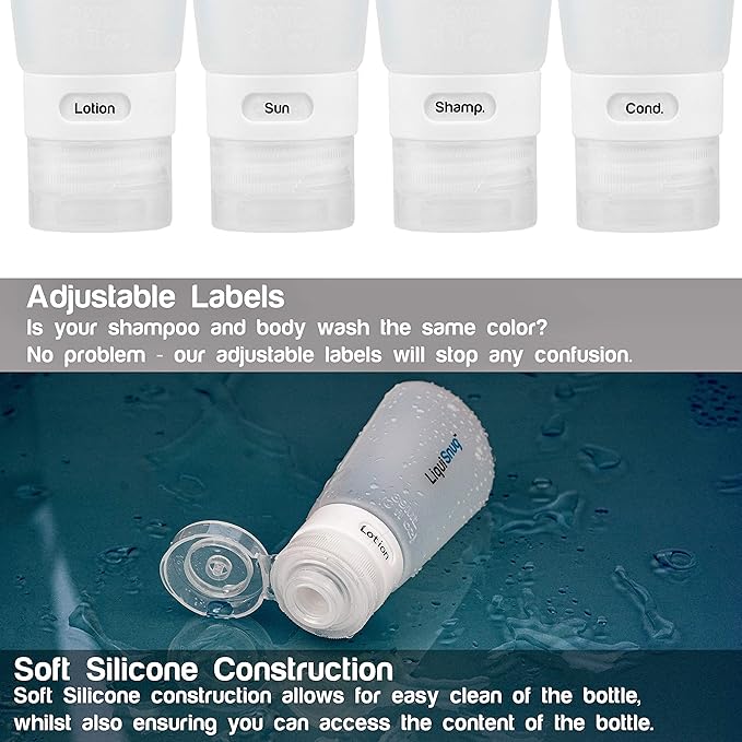 LiquiSnugs Premium - 100% Guaranteed Leak Proof Silicone Travel Bottles For Toiletries - TSA Approved Container. Premium Range Travel Shampoo Bottles with Suction Cups and Adjustable Labels