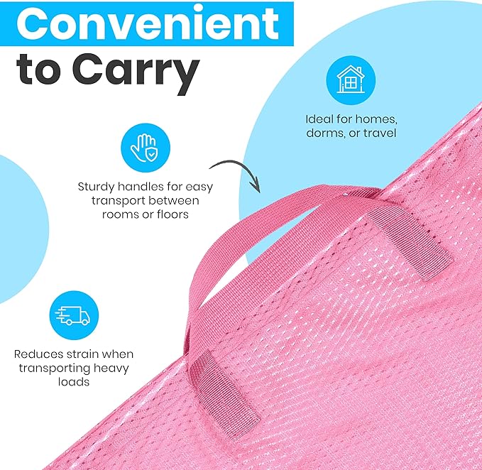 Large Mesh Laundry Bags - Heavy Duty with Handles & Drawstring - Machine Washable Net Laundry Sacks for College Dorm, Camp, Travel, Bedding & Clothes Storage (Pink)
