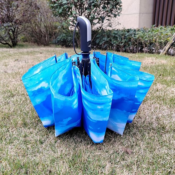 TradMall Travel Umbrella Windproof with 46 Inches Large Canopy 10 Reinforced Fiberglass Ribs Ergonomic Handle Auto Open & Close, Sky Clouds