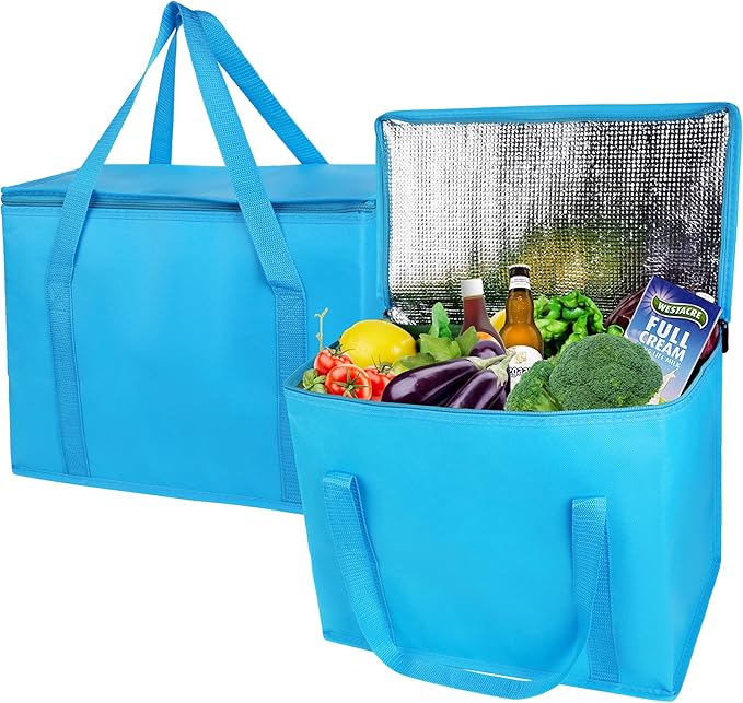 musbus 2-Pack extra Insulated Grocery shopping bag, large Blue, reusable bags,Pizza,Sturdy zipper,Collapsible,tote,cooler,for transport women,for instacart,Durable,thermal