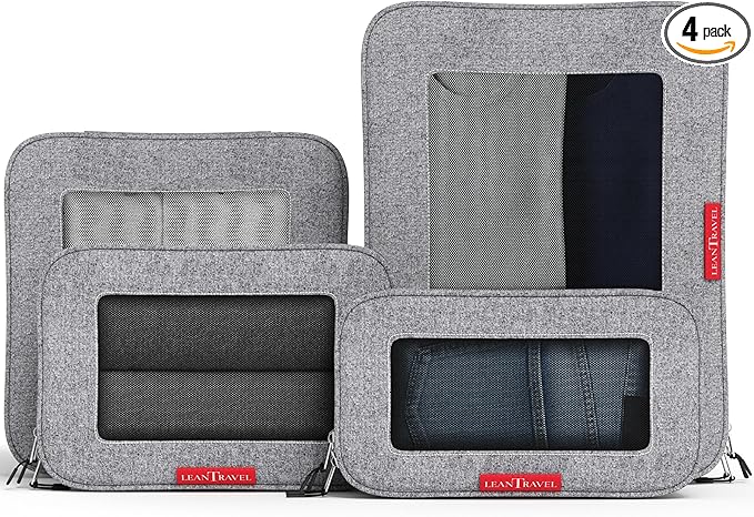 LeanTravel Premium Compression Packing Cubes for Travel - Suitcase Organizer Bags with Double Zipper & Breathable Mesh Panel - Space Saving Carry On Luggage Essentials (4-Pack, Grey)