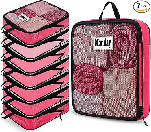 7 Pcs Packing Cubes for Travel Large Days of Week Compression Packing Cube with Labels Luggage Organizers Storage Bag(Pink)