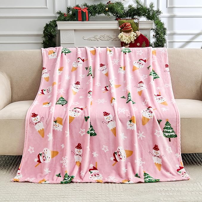 Christmas Blanket Soft Cozy Pink Throws with Snowman Snowflake Santa Claus and Xmas Trees Print, Fuzzy Warm Christmas Throw Blanket for Couch Bed Holiday Decorations Gifts 50"x60" (Pink)
