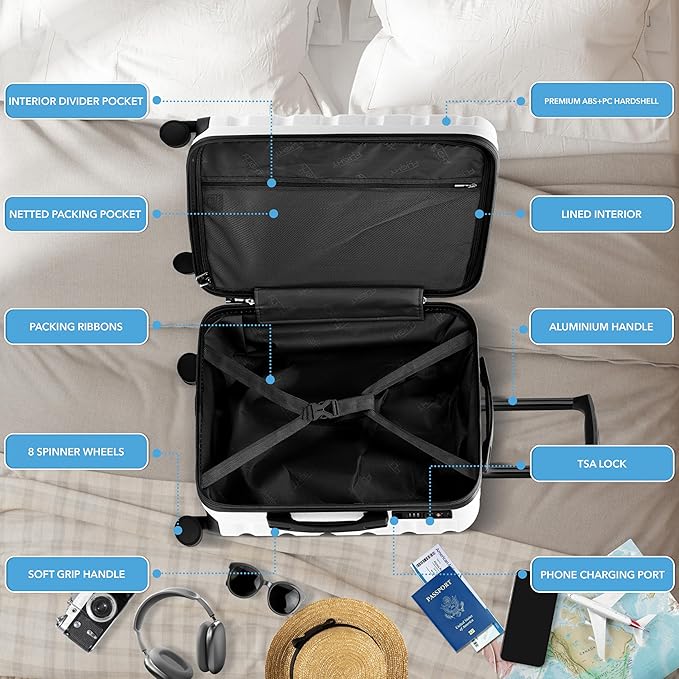 Flight Knight 24x16x10 Expandable Carry On Suitcase Hardside TSA Lock USB C Lightweight Luggage Silent Double Spinner Wheels Maximum Overhead Carry-On Bag For Virgin South West Approved White