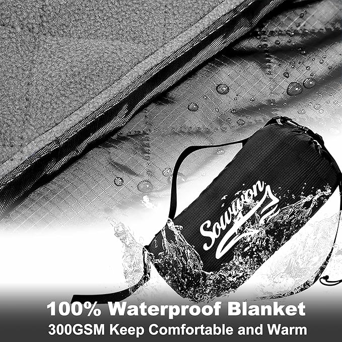 Waterproof Outdoor Blanket 92”X 60” Packable, Stadium Blankets for Camping with Quilted Fleece Lining, Large Windproof Emergency Throw Mat for Garss Picnic Hiking Road Trip, Machine Washable, Black
