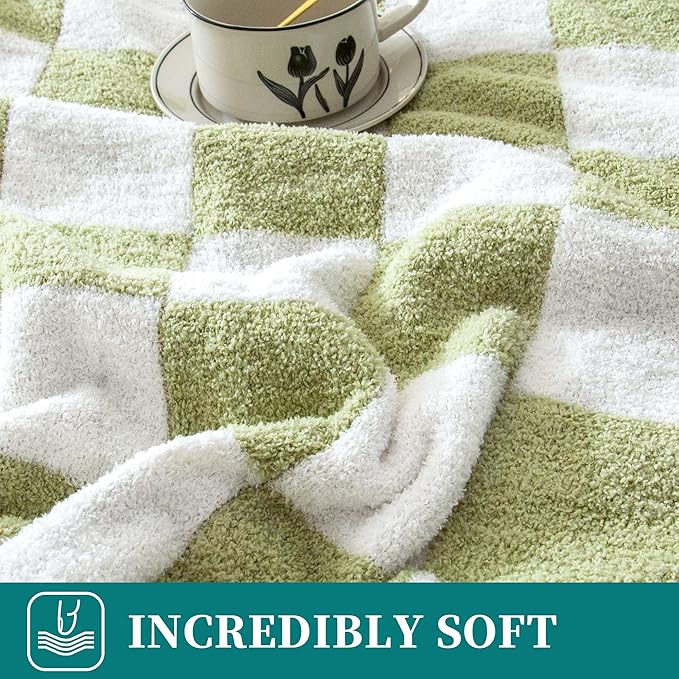 SeaRoomy Checkered Throw Blanket, Ultra Soft Cozy Microfiber Knit Throw Blanket, Warm Fluffy Reversible Checkerboard Blanket for Couch Bed Travel Picnic Room Decor(Sage Green, 60"×79")