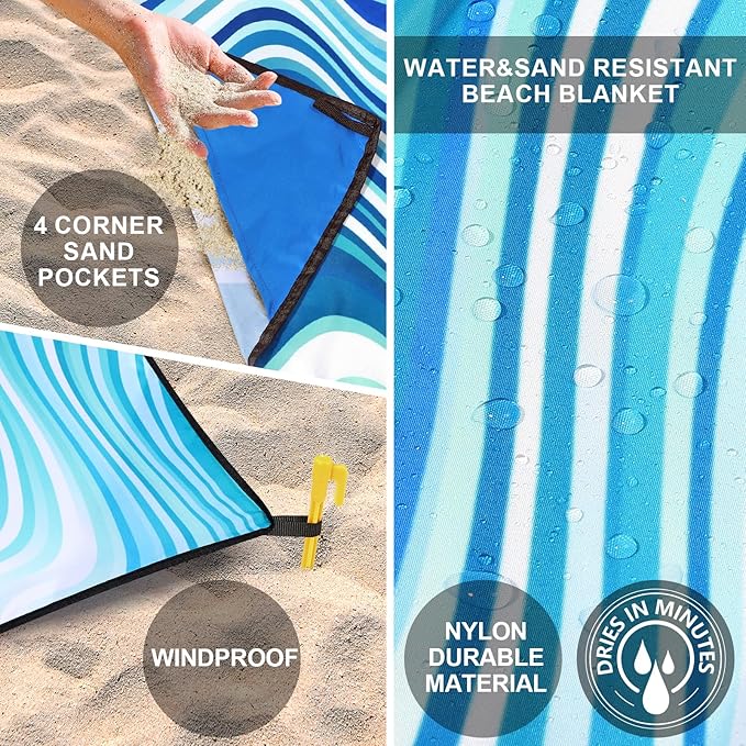 Beach Blanket Waterproof Sandproof Beach Mat for 1-8 Adults Quick Drying Durable Outdoor Picnic Mat for Beach Festival Travel Camping Hiking (Wave-Gradiant BL&GN, 79"×83"(4 Person))