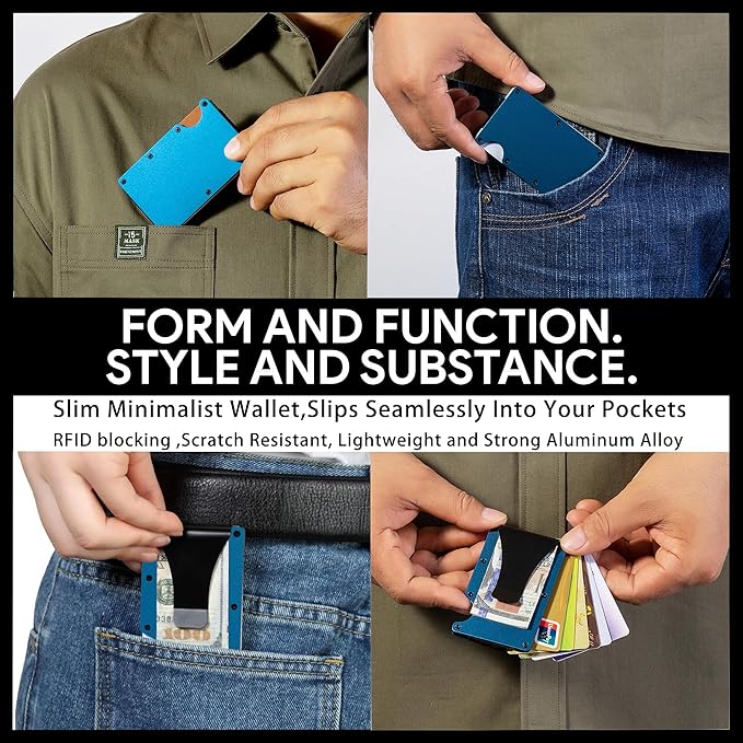 Carbon Fiber Minimalist Wallet for Men Credit Card Holder Money Clip & Cash Strap Slim RFID Mens Wallets(Matt Blue)