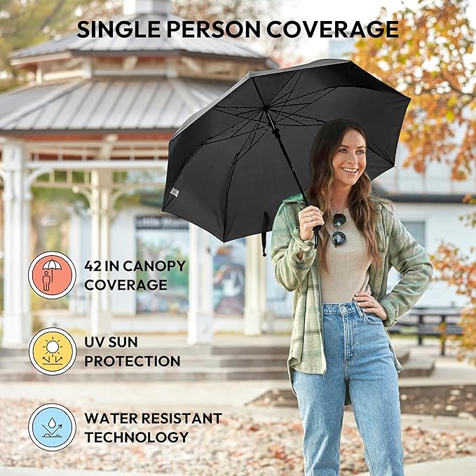 Weather Station Automatic Rain Umbrella, Windproof, Lightweight, and Packable for Travel, Full 42 Inch Arc, Black
